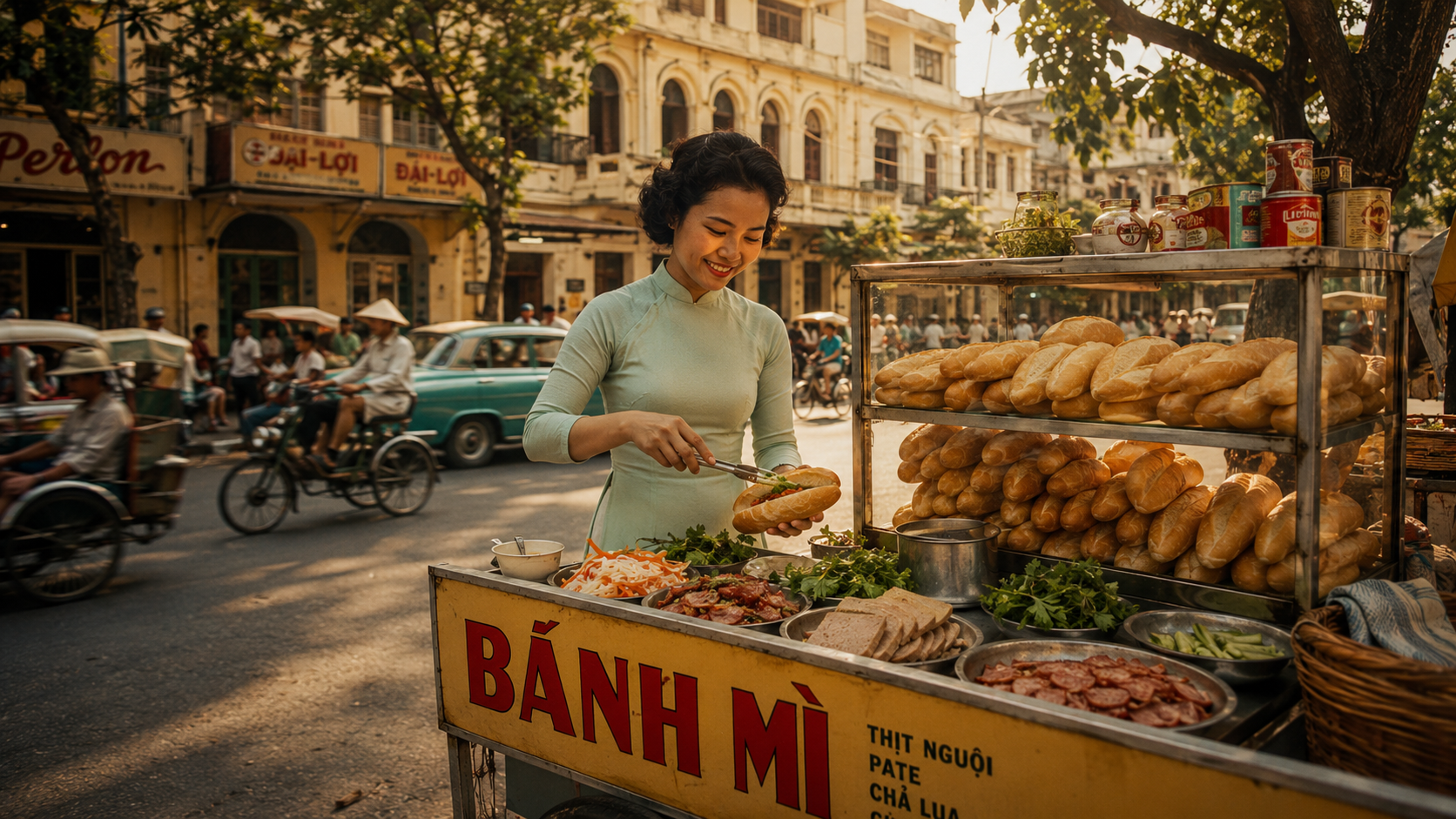 Bánh mì vendor in ao dai at a 1950s Saigon street cart